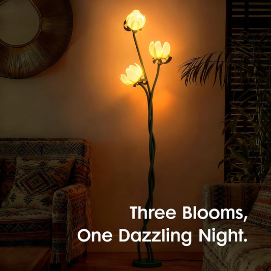 Vintage Floral Floor Lamp with 3 Adjustable LED Heads, Green Standing Lotus Light for Living Room Bedroom, 67" Tall Artistic Metal Lamp with Petal Shades, Foot Switch, LED Bulbs Included