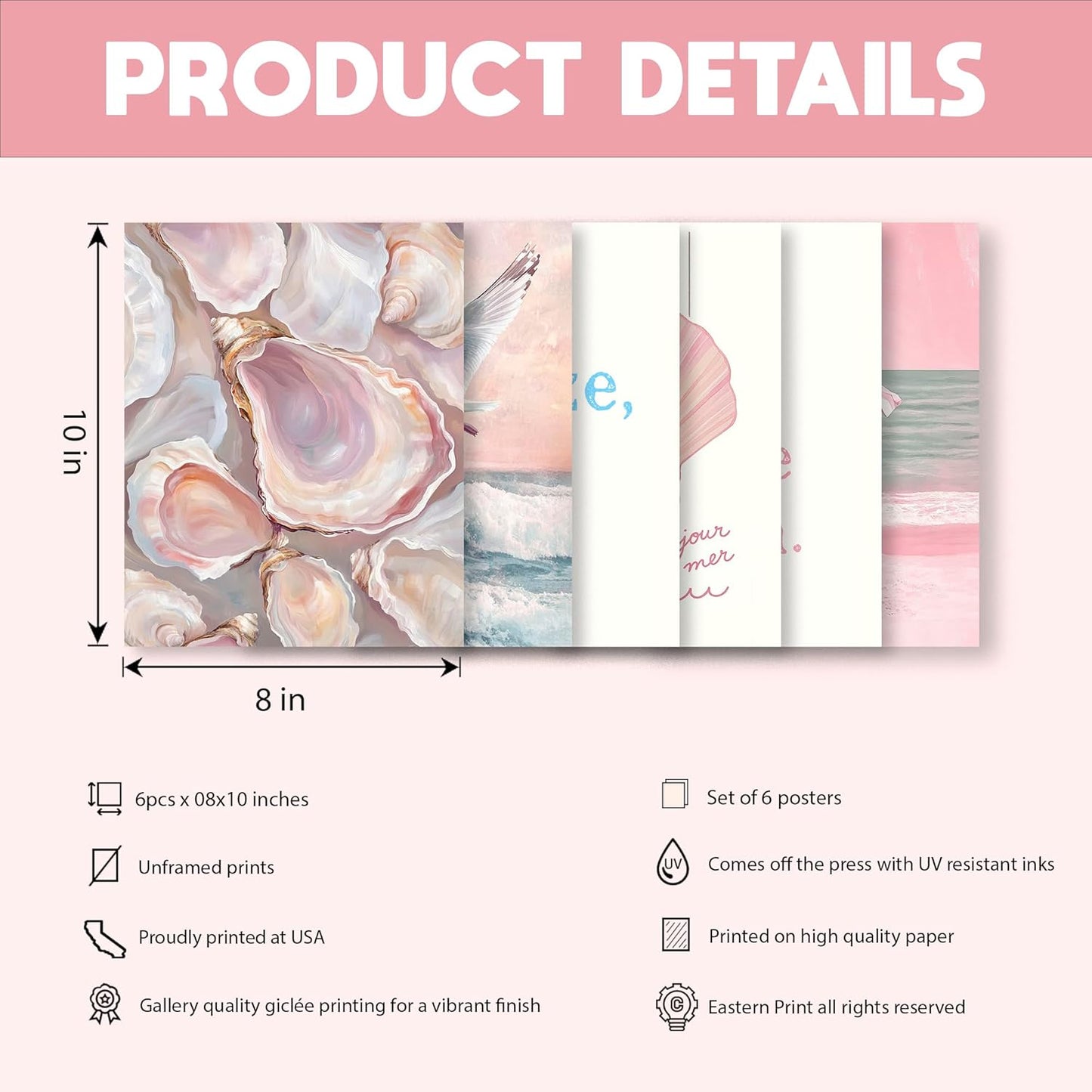 Eastern Print Pink Beach Coastal Wall Art, Preppy Room Decor With Shells & Seaside Quotes, Oyster, Granddaughter Aesthetic Summer Print, Beach Poster Artwork For Girls Dorm & Bedroom, UNFRAMED 8x10