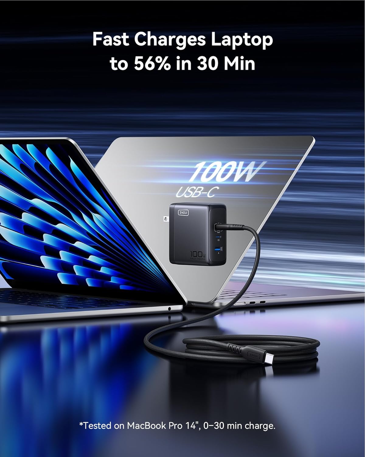 INIU for MacBook Pro Charger, 100W GaN Tech Fast Charging, 3-Port Compact Foldable Charger with USB C Cable, Power Adapter for Mac Book, iPhone 17, Samsung S25, Switch, Photographers, Outdoor, Travel