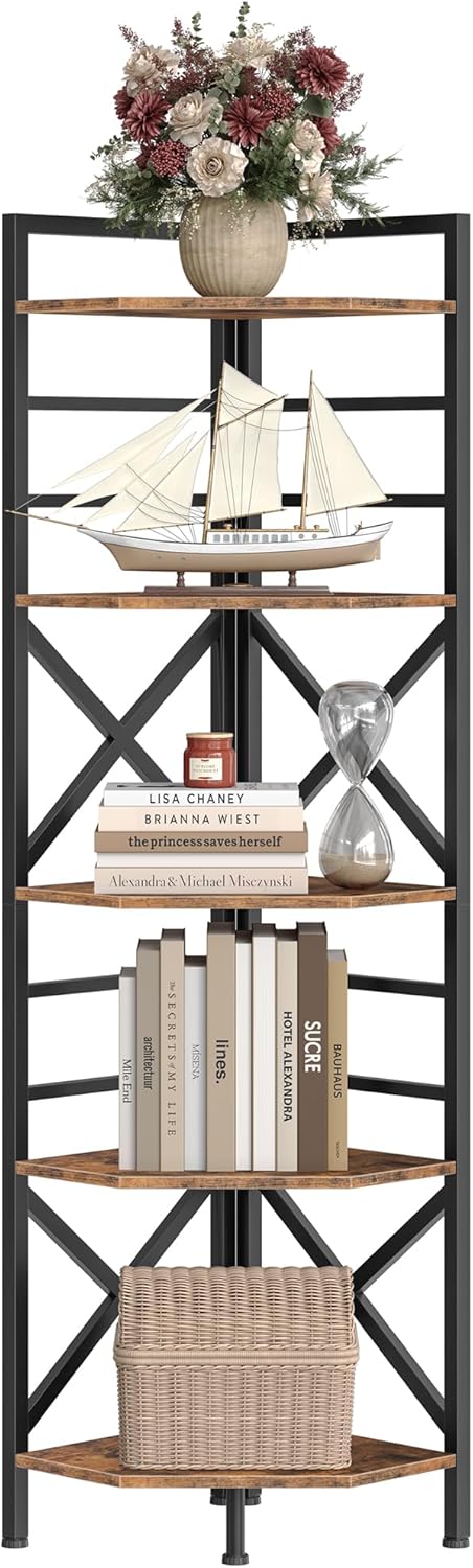 69.3" Corner Shelf 5-Tier, Large Corner Shelving, Freestanding Storage Stand for Bedroom, Living Room, Kitchen, Industrial Engineered Wood Bookshelf Organizer, Rustic Brown and Black TCJ15BF