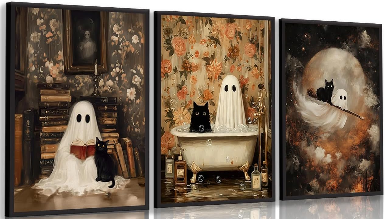 3Pcs Halloween Ghost Wall Art Funny Gothic Moody Ghosts and Black Cat Painting Picture Wall Decor Reading Horror Dark Academia Poster Print Artwork for Bathroom Livingroom Home Decoration noframe