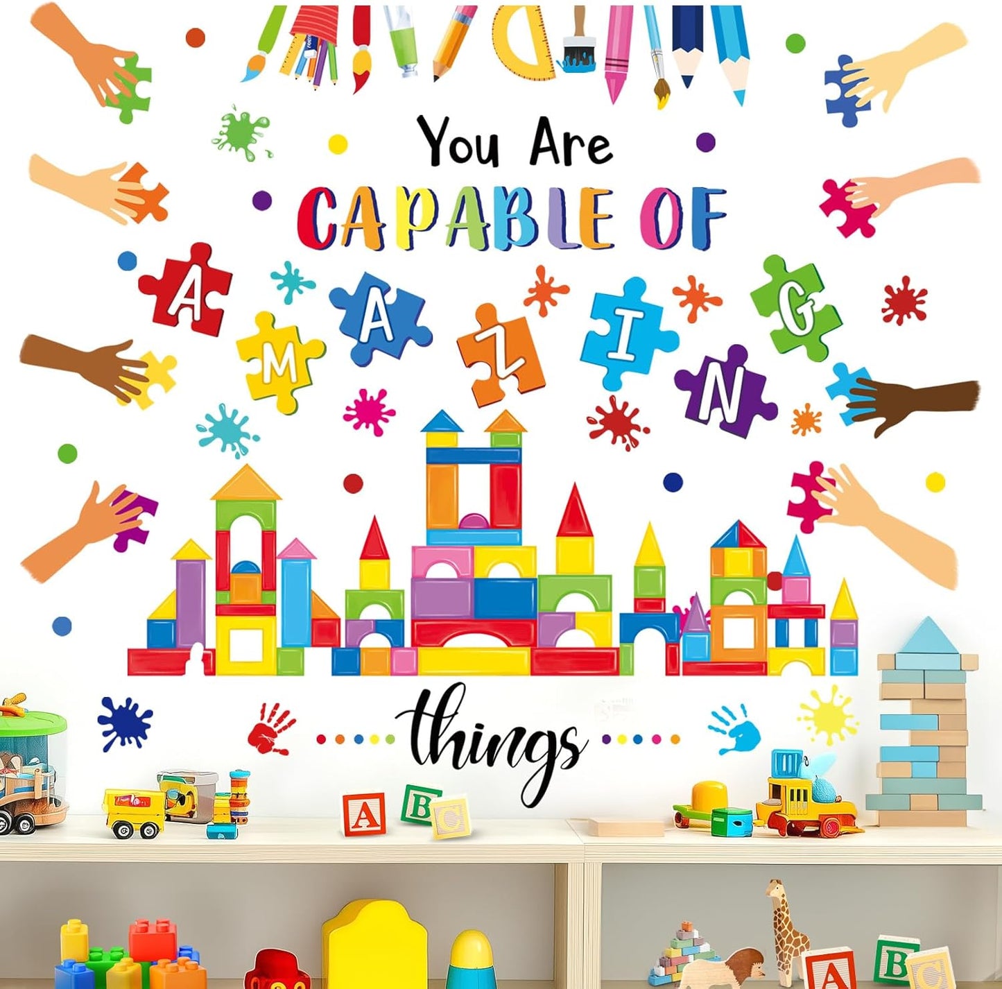 wondever Reading Corner Builders Blocks Wall Stickers Inspirational Quotes You are Capable of Amazing Things Handprint Paint Splatter Peel and Stick Wall Art Decals for Classroom Kids Room School
