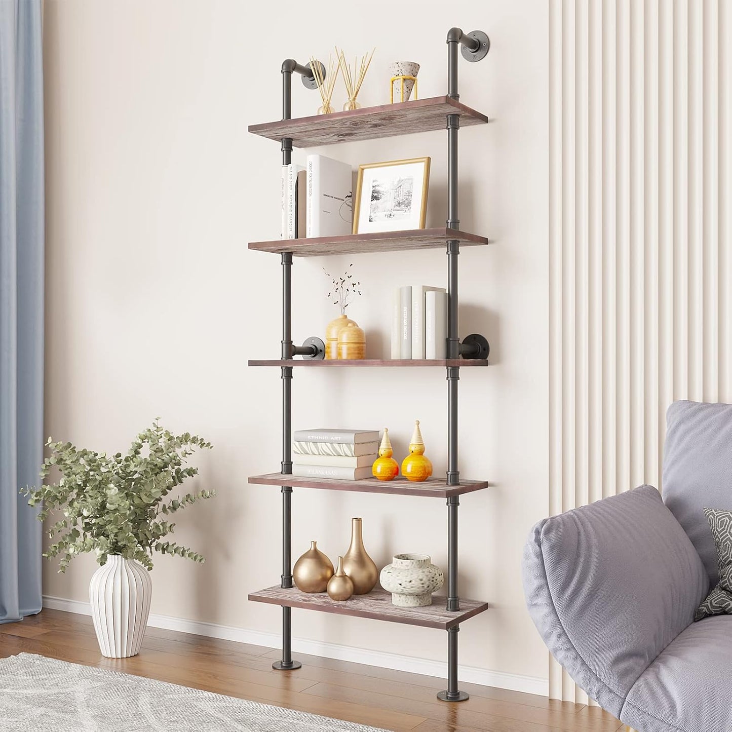 Yuanshikj 5 Tier Industrial Pipe Solid Wood Ladder Shelf/Shevles/Shelving Bookshelf/Bookcase Metal Iron Planks Rustic Wall Mounted for Living Room Decor Storage (5 Tier with 24" Solid Wood)