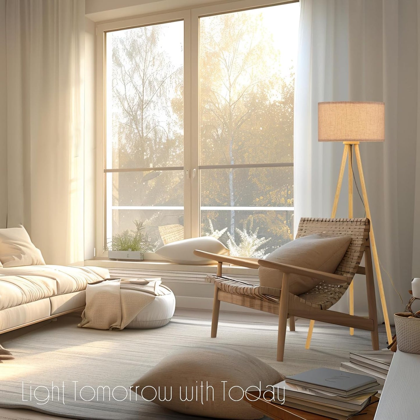 Wood Tripod Floor Lamp with 3 Color Temparature LED Bulb, Modern Wooden Standing Floor lamp Linen Shade for Living Room, Bedroom, Office, ETL Listed/Natural Wood Color