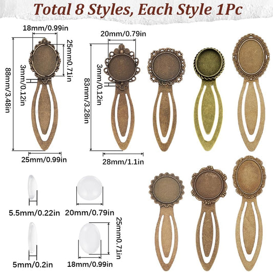 SUNNYCLUE 1 Box 16Pcs DIY 8 Sets Vintage Bookmark Metal Antique Bronze Bookmark Bezel Tray Cabochon Book Marks Making Kit Clear Glass Cabochons Book Mark Blank Bezels for Adults DIY Crafts