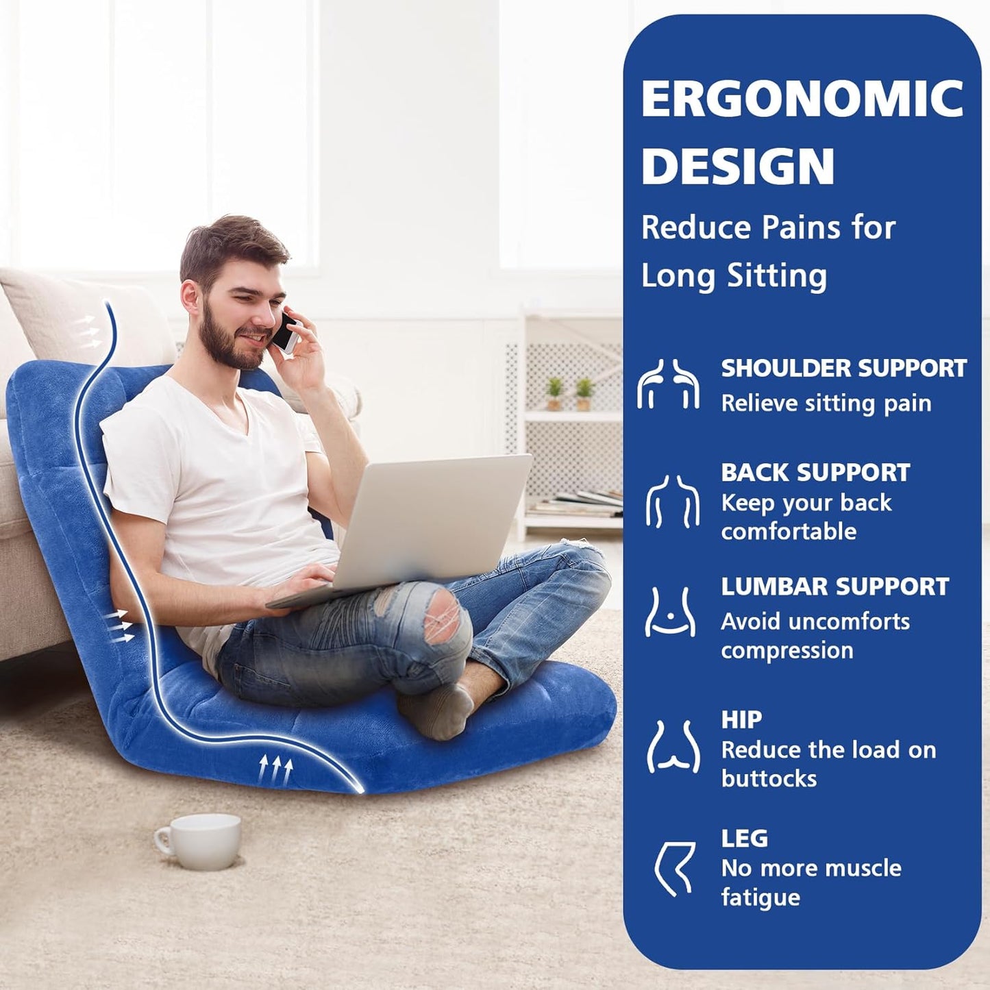 Floor Chair 14 Adjustable Positions w/Back Support, Padded Lazy Sofa w/Breathable Cotton & Skin-Friendly Coral Velve for Reading Meditating Gaming,Blue