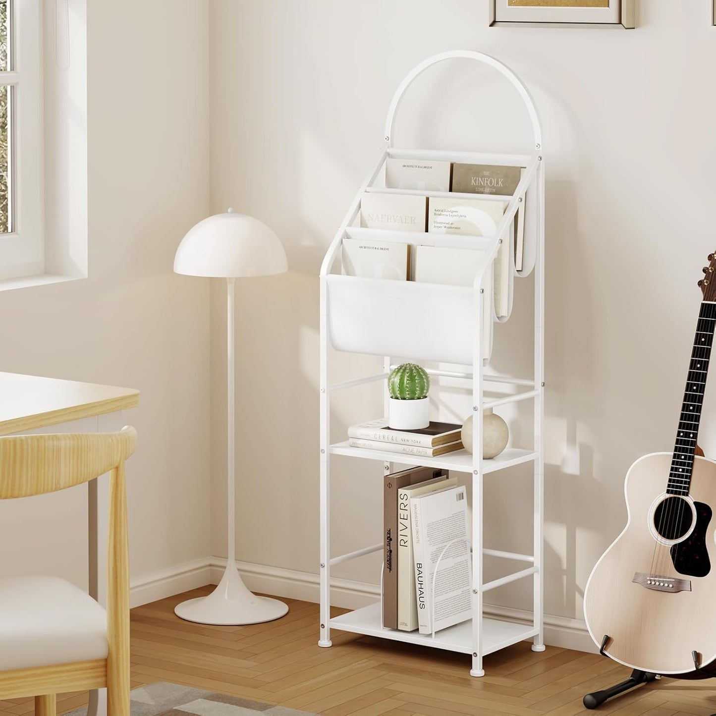 Bookshelf with 3 Tier Vinyl Holder Display Shelf, Record Storage Organizer Rack Cabinet for Book Magazine, Tall Industrial Open Book Shelves with Metal Frame for Living Room (White)