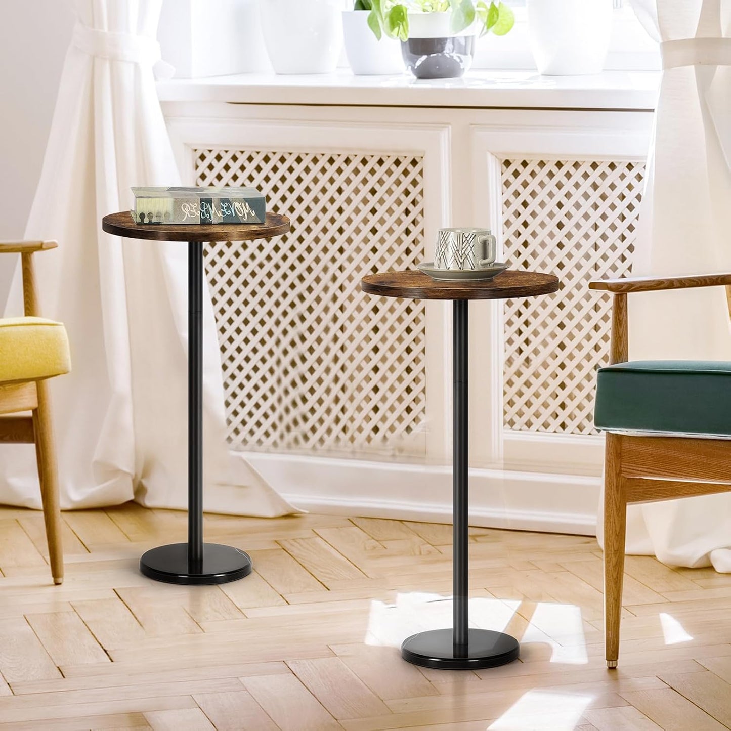 smusei 2 Pack Small Round Side Table Drink Table with Marble Base Pedestal Table for Small Spaces Round End Table for Living Room Bedroom Home Decor, Brown