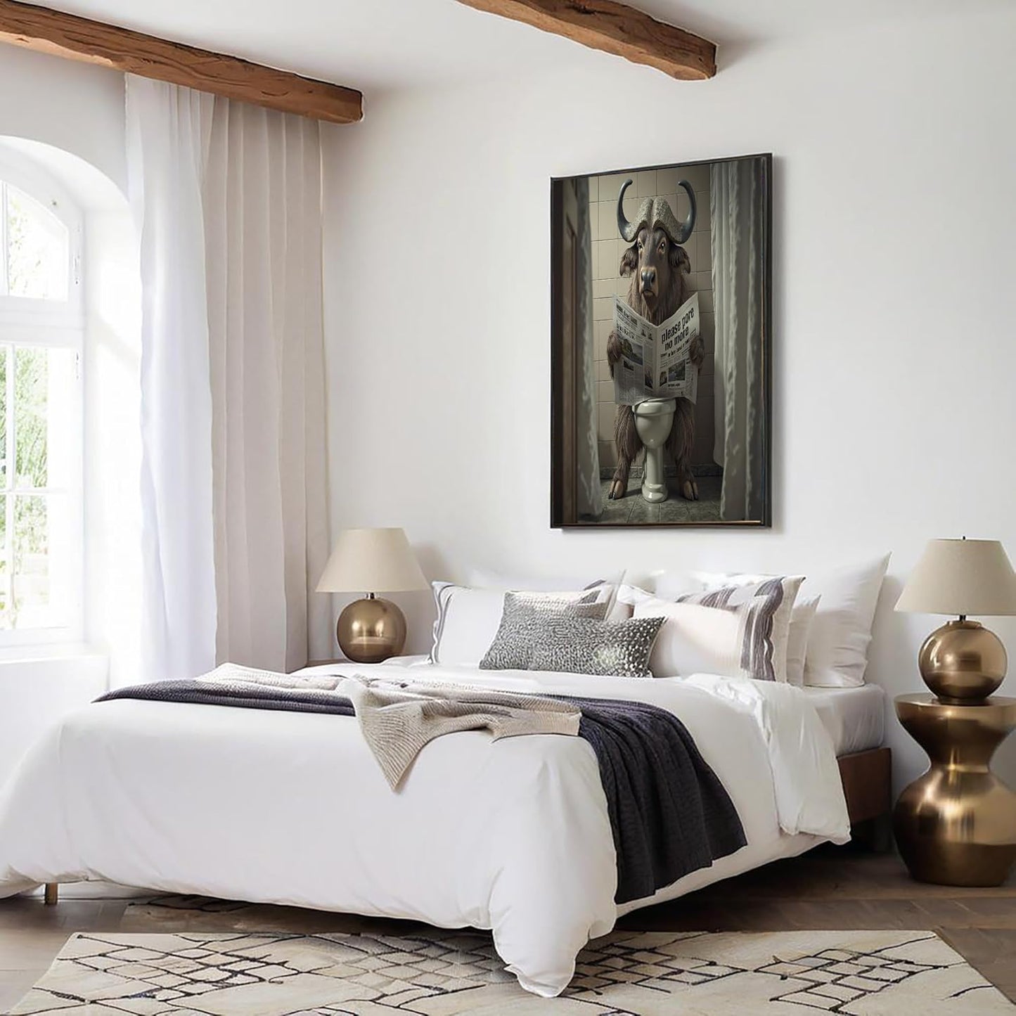 Exaggerated Animal Canvas Wall Art Water Buffalo Sitting On The Toilet Reading Newspaper Wall Decor Dark Brown Poster Print Artwork For Living Room Yoga Room Hotel Bedroom Home Decoration 24 X 36 Inch