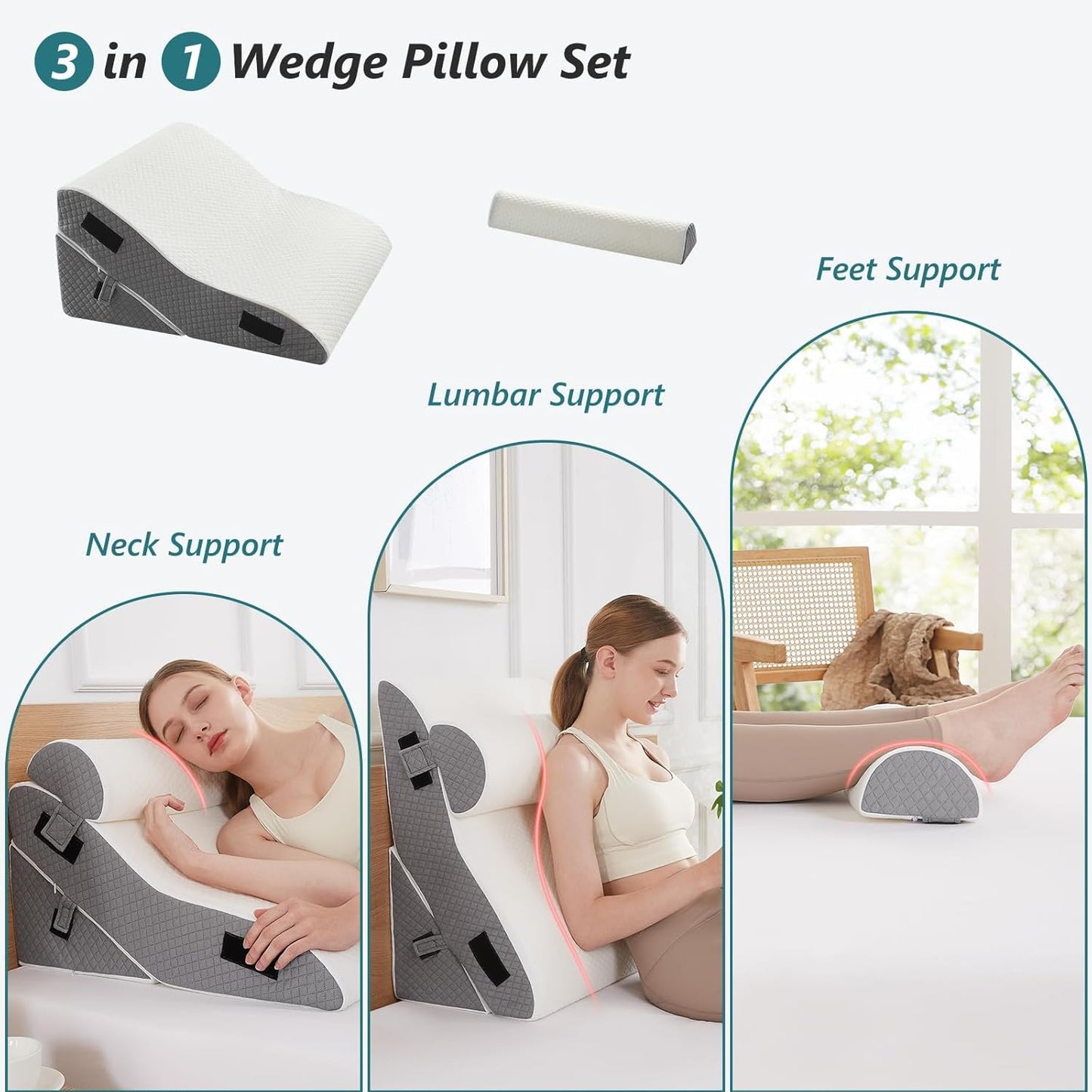 Bed Wedge Pillow Set for Sleeping 3 PCS - 16.5" Wide Triangle Pillow for Back Leg Pain Relief with Washable Cover - 35D Foam Wedge Pillow Post Surgery for Acid Reflux & Snoring (White Grey)