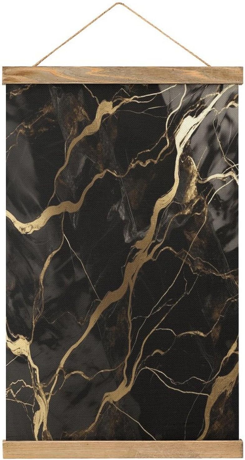 Vintage Black Gold Marble Poster with Wooden Frame Personalized Linen Hanging Scroll Painting Rustic Wall Hanging Illustrative Modern Artwork Decor for Home Living Room Bedroom Office