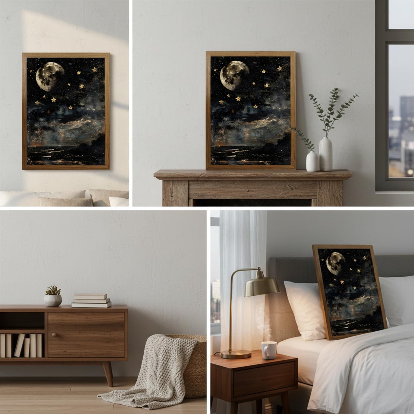 Dark Academia Celestial Canvas Wall Art Vintage Moon and Stars Wall Decor Moody Star Landscape Painting Artwork for Bedroom Living Room 8x10 Inch Wood Framed