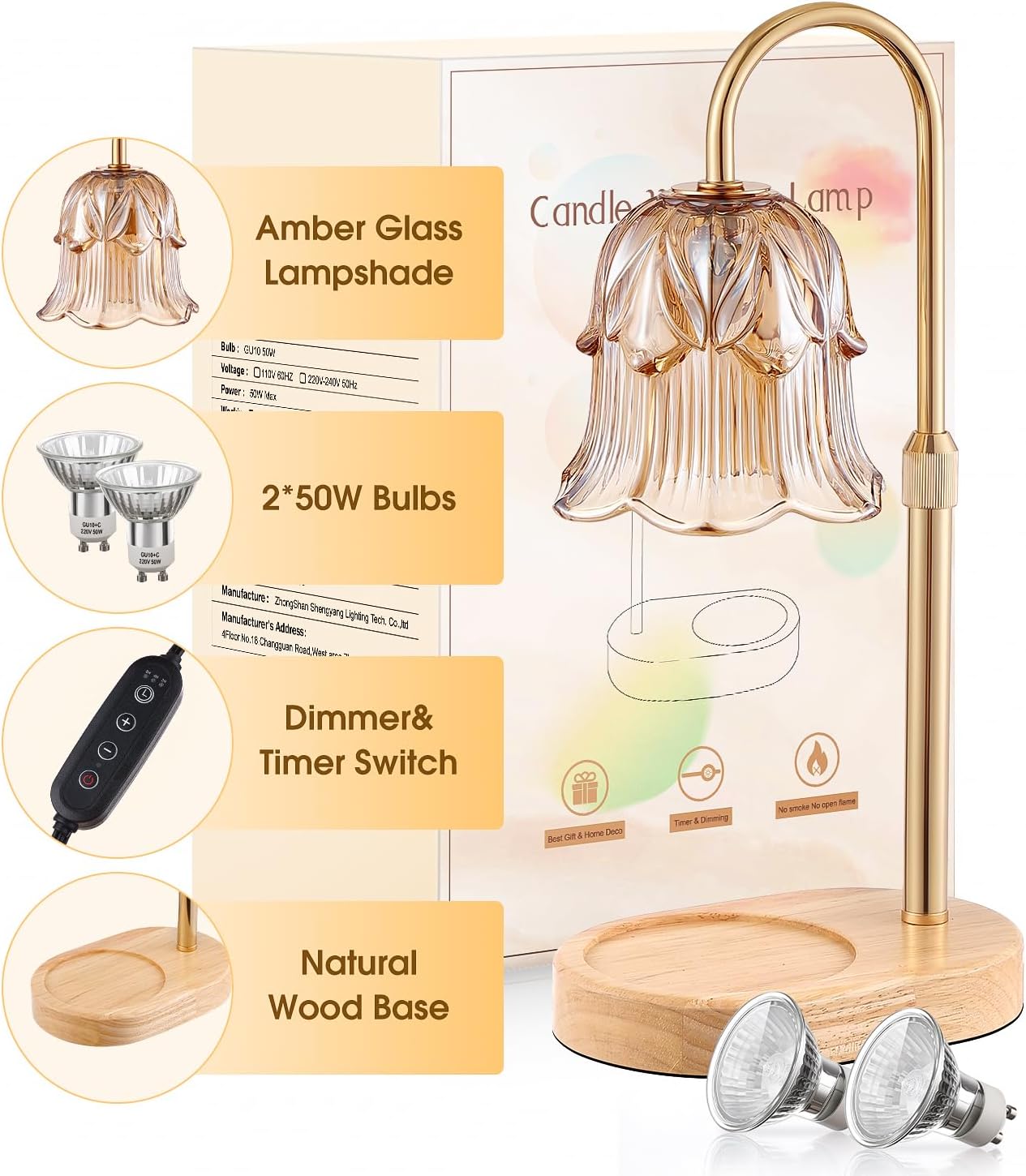 Candle Warmer Lamp Adjustable Timer - Electric Flower Glass Candles Warmers Adjustable Height Dimmable Vintage Base Modern Wax Candles Top Warmers for Small Jar Scented Wax Melts