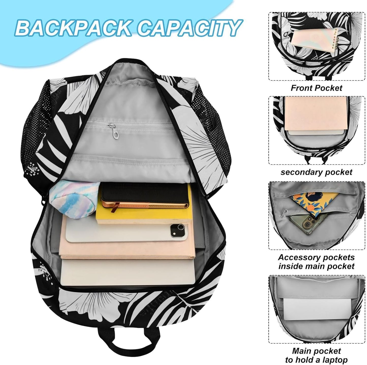 Backpack with Lunch Bag Bookbag Set,Hibiscus Flower Black White Pattern Backpack for Middle High School College Student,21L Schoolbag Kid's Backpack Bookbag Casual Daypack