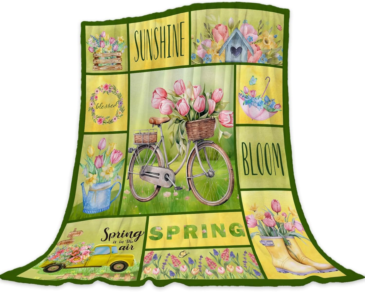 Spring Theme Decorative Throw Blanket Twin Farmhouse Bike Floral Blanket Couch Sofa Bed Soft Cozy Lightweight Fuzzy Fleece Blankets and Throws Cute Easter Flower Blanket 60x80