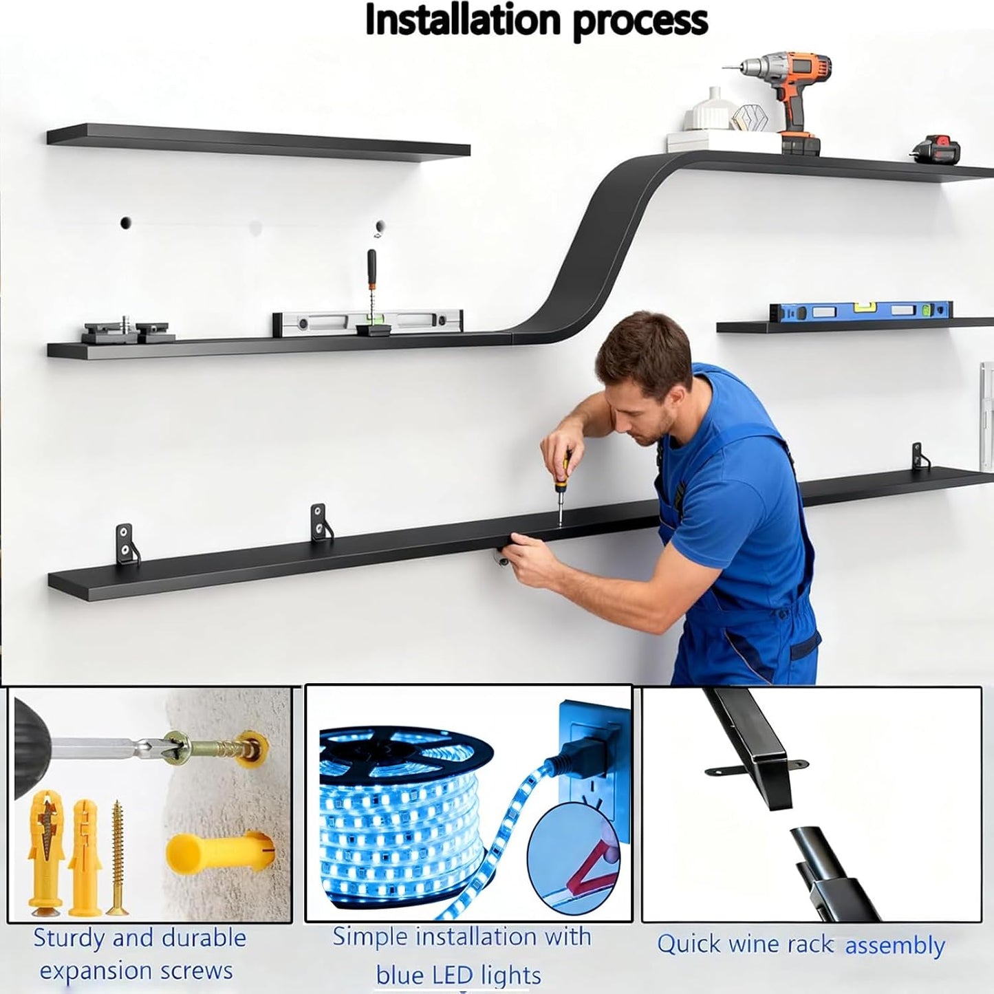 Modern Wall Mounted Wine Rack with Blue LED Light, 3-tiers Metal Curved Bar liquor Bottles Display Shelf, Large Floating Bar Shelves Storage for Home bars, kitchens Coffee Shop (Black, 47in)