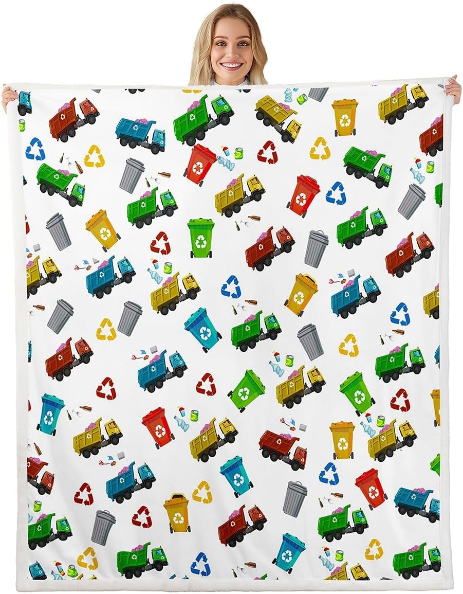 Garbage Truck Kids Throw Blanket,Cartoon Trash Truck Transport Vehicles Bed Blanket,Boys Girls Adults Room Decor,Trash Can Chic Fleece Blanket,Colorful Bright Fuzzy Blanket,Twin Size (60 x 80 Inches)