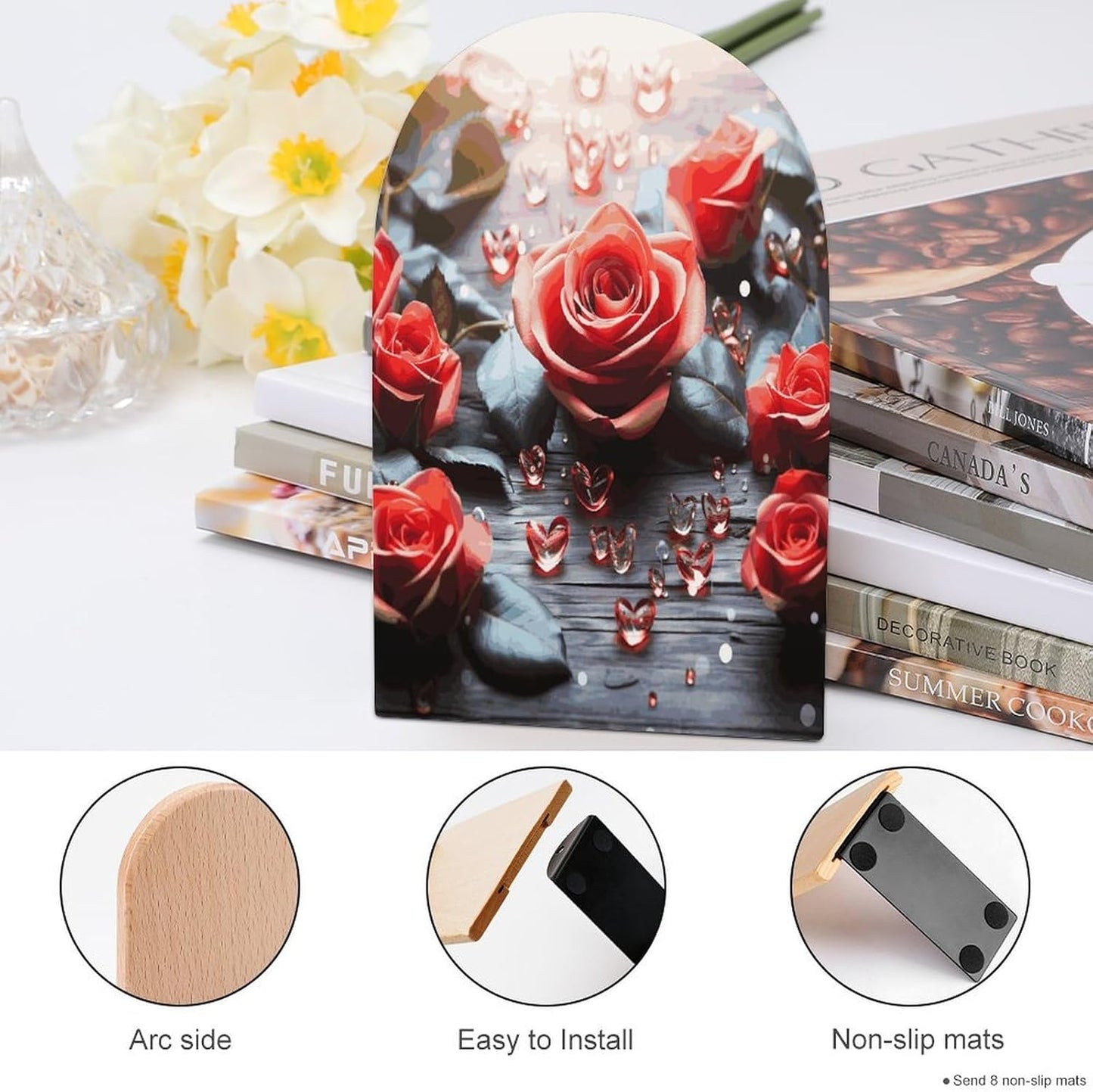 Romance Rose Flower with Heart Petal Wooden Bookend Non-Slip Book Ends Heavy Duty Book Stopper with Metal Base Books Holderd Decorative Bookends Stands Firmly for Office Supplies