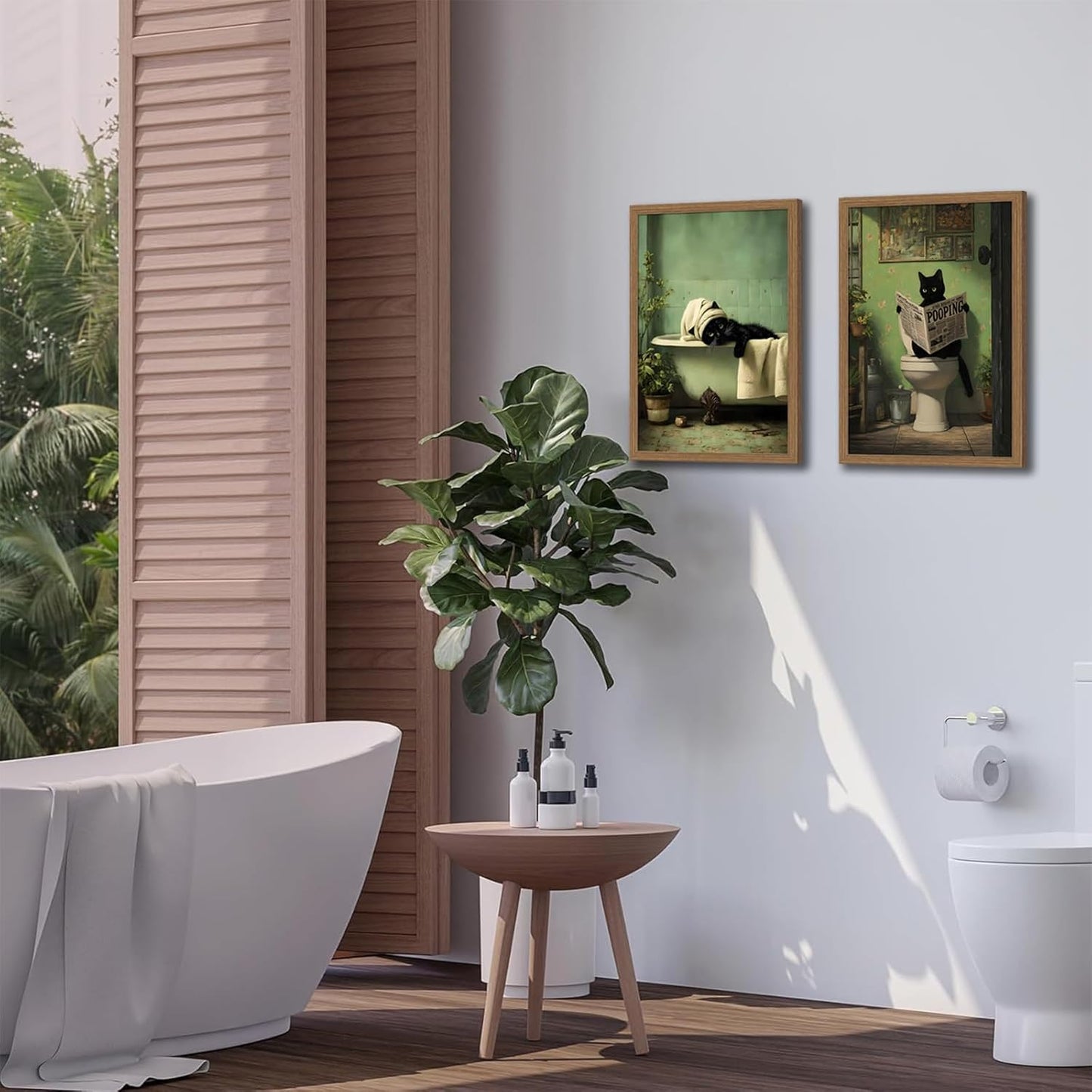 Framed 2Pcs Funny Green Bathroom Wall Art Cute Black Cat Painting Vintage Humor Ainimal Picture Prints Wall Decor with Wood Frame for Bathroom Ready to Hang 16x24 Inches