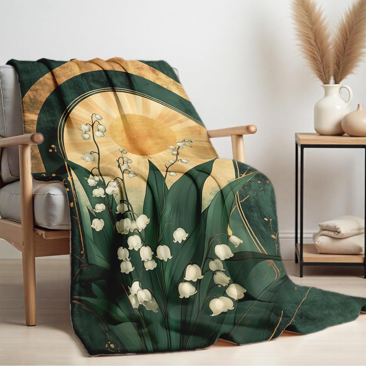 White Floral Blanket Lily of The Valley Print Throw Wildflower Blanket Queen Size Flowers Flannel Bedding Couch Sofa Bed Living Room Decor 49"x59"