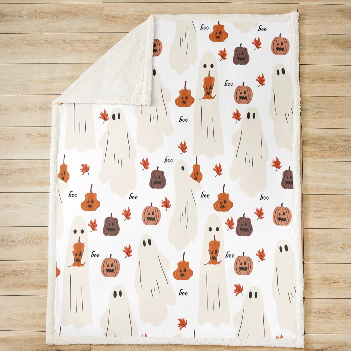Halloween Pumpkin Fleece Throw Blanket Super Soft Cozy Cartoon Ghost Sherpa Blanket for Kids Women Adults Orange and White Plush Blanket Funny Ghost Fuzzy Blanket for Sofa Bed(30x40 Inches)
