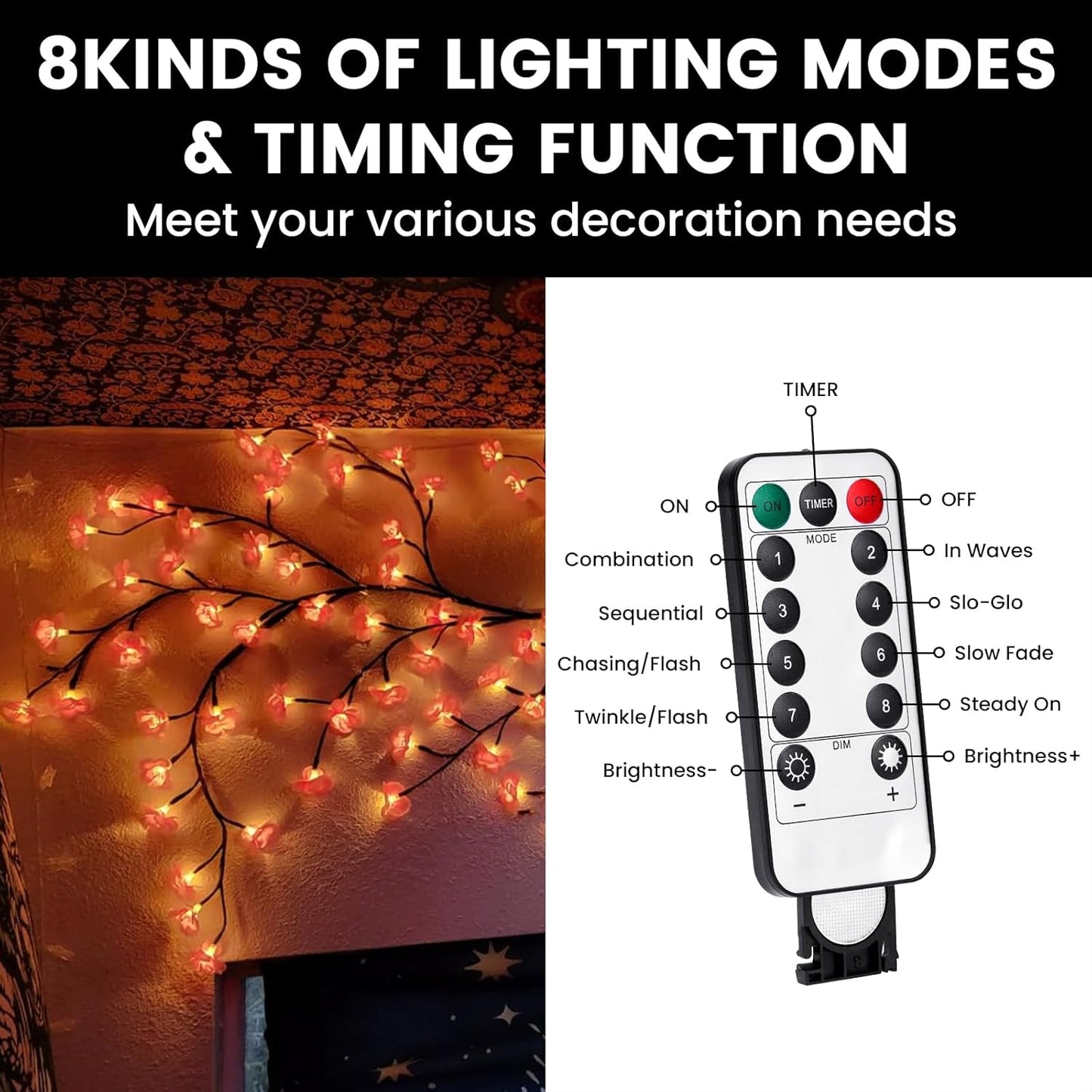 LED Tree Branch Lights for Wall 5.25FT 72LEDs Cherry Blossom Lights with Remote and 8 Lighting Modes Cherry Blossom Garland Willow Vine Light for Bedroom Indoor Wall Wedding Christmas Decor