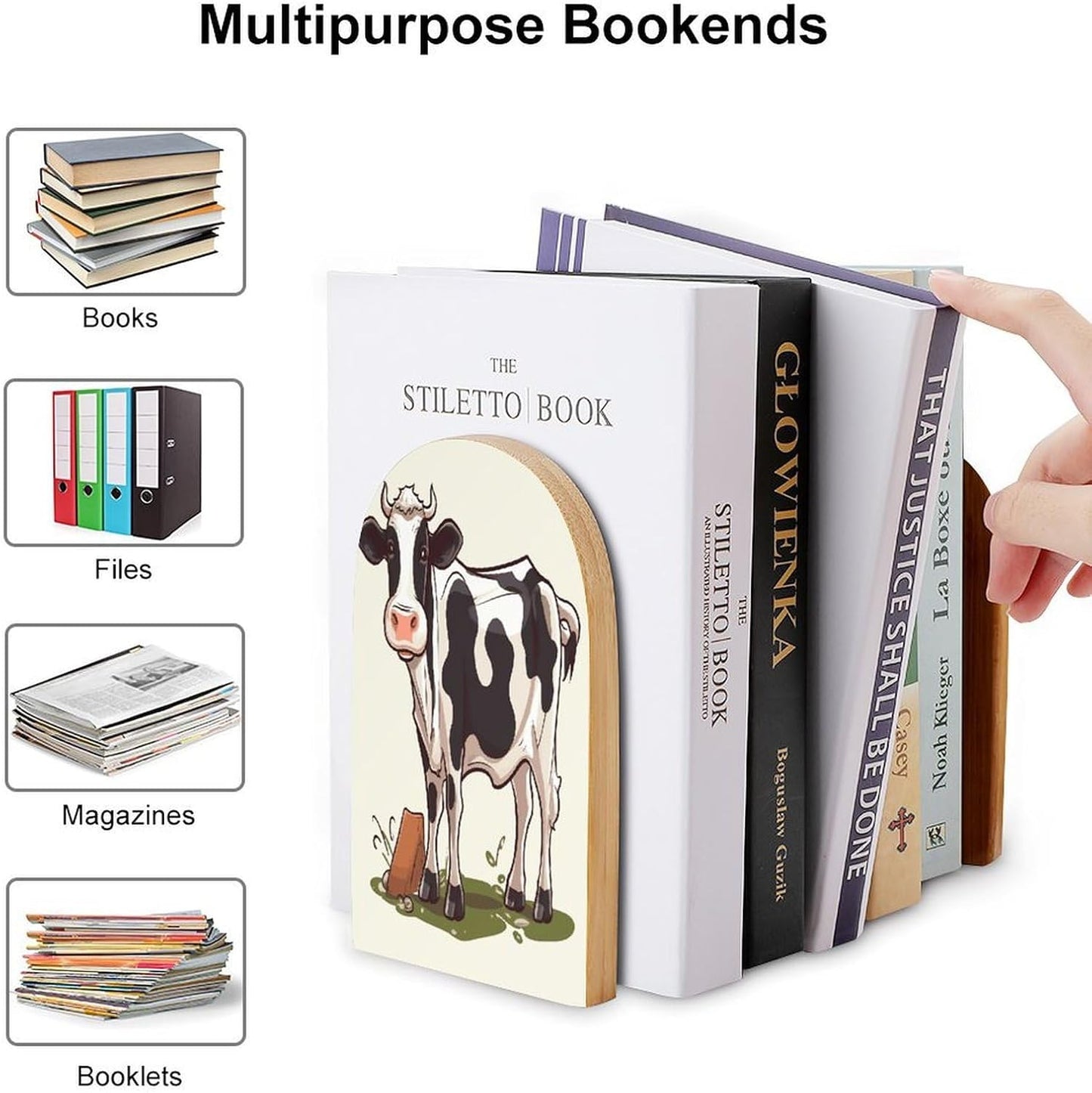 Non-Slip Bookend for Shelves Dairy Cow Wooden Bookends with Metal Base Decorative Book Stopper for Home Heavy Duty Wood Book Storage for Books/CDs