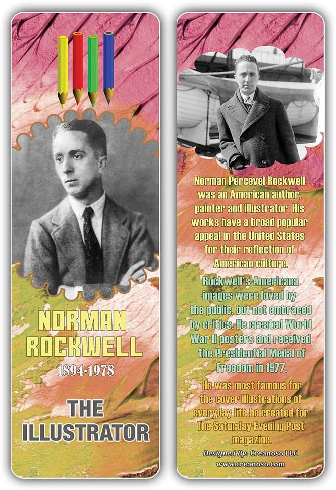 Creanoso Historical Fact American Famous Artists Bookmark Cards (60-Pack) – Learning Reading Bookmarks Collection Set – Stocking Stuffers for Boys, Girls, Kids – Classroom Incentives - Gift Tokens