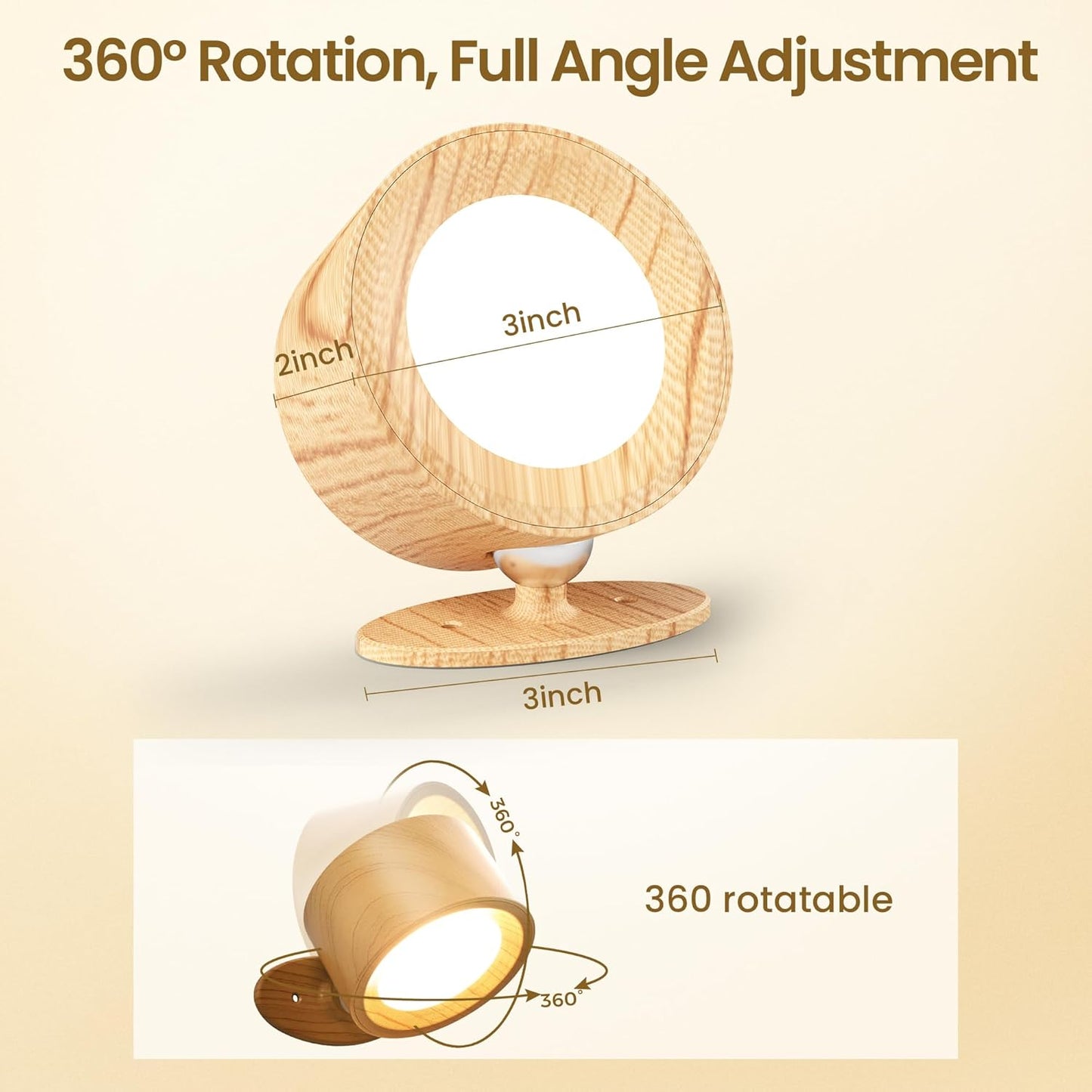 Wall Mounted Lamp LED Wall Lights with Rechargeable Battery Operated, 3 Color Temperatures & 3 Brightness Levels 360°Rotate Magnetic Ball, Cordless Sconces for Bedroom Reading Bedside,Wood-1 Pack