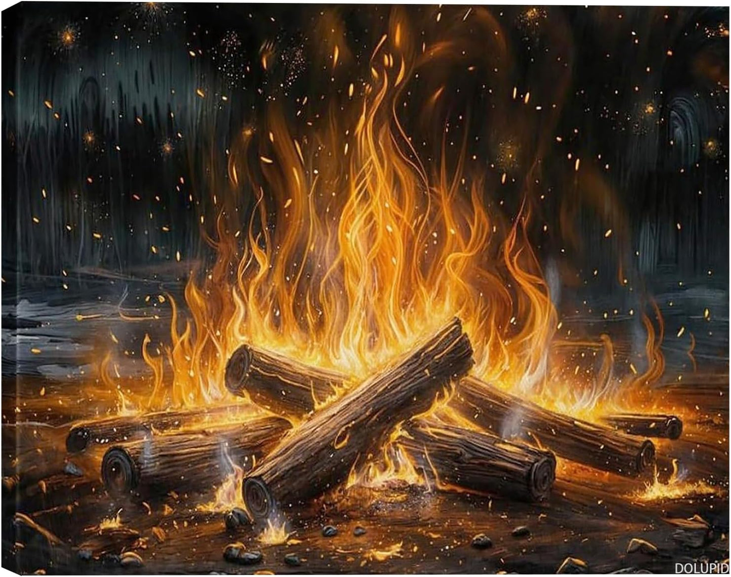 DOLUPID Campfire in The Forest Painted On Wall Art Camping Wall Decor Cabin Wall Art Canvas Art Posters for Room Aesthetic and Picture Living Room Decor 8x10inch 20x25cm with Frame