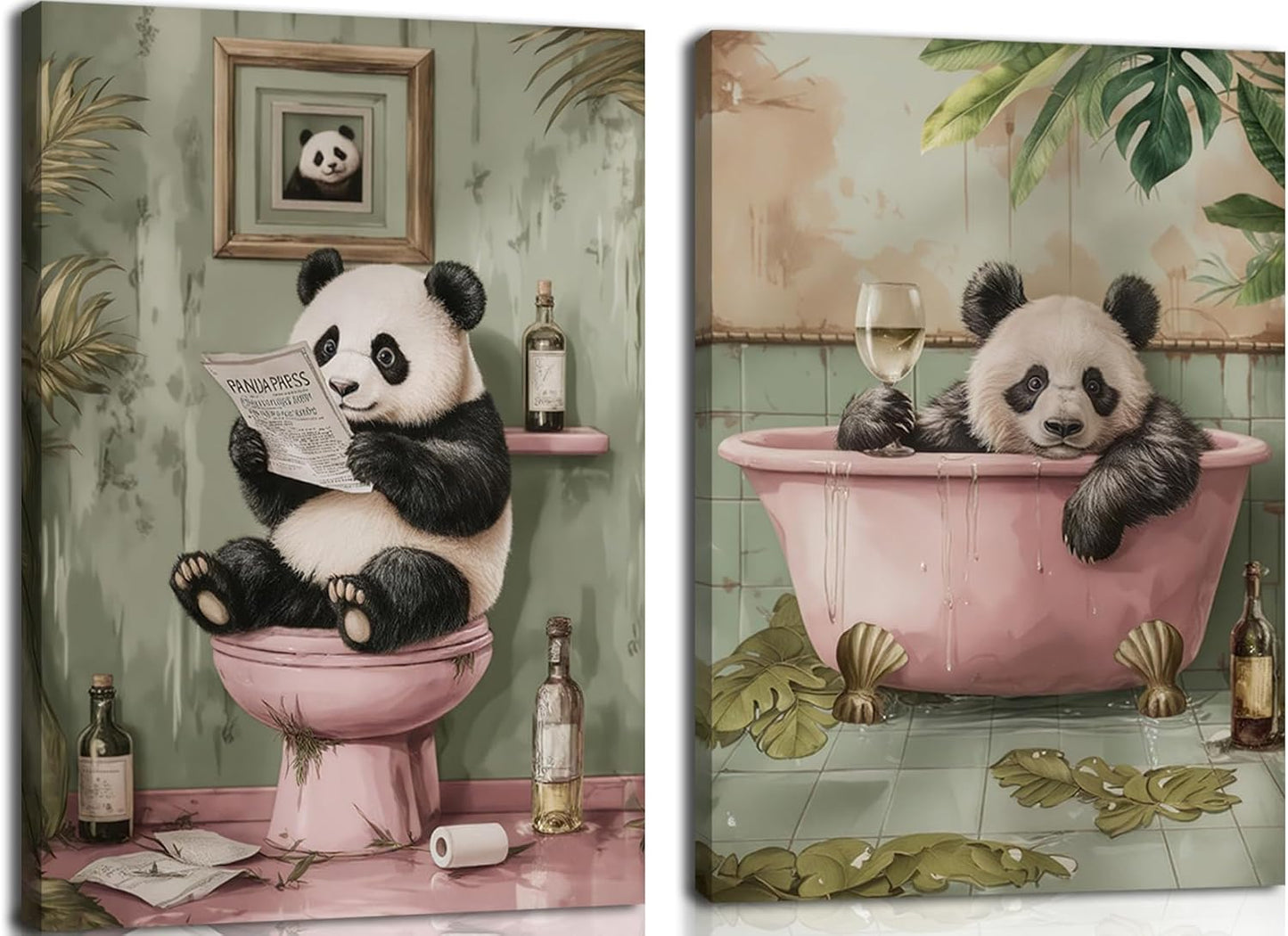 Funny Bathroom Wall Art Set of 2, Panda on Toilet and in Bathtub Wall Decor Paintings, Cute Animal Canvas Prints Pictures Aesthetics Home Decor for Bathroom Restroom 16x24 Inch Framed