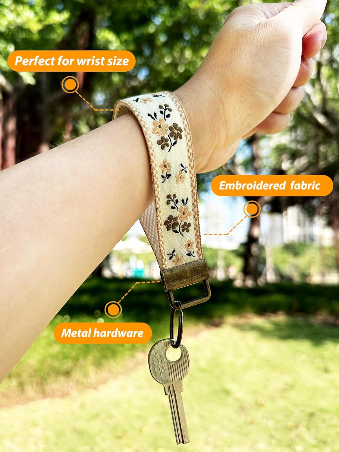 Celokiy Embroidered Fabric Wristlet Keychain for Women, Cute Wrist Key Chain with Metal Hardware