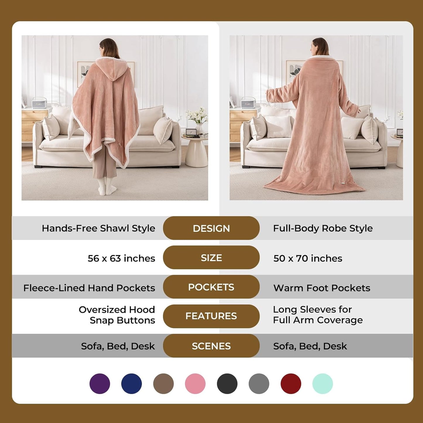 Wearable Heated Blanket with Foot Pocket & Sleeves, Electric Blanket Heated Robe for Women & Men, 5 Heat Settings, 3H Auto-Off, Machine Washable, ETL Certified, Gift-Ready, 50x70 inches, Pink