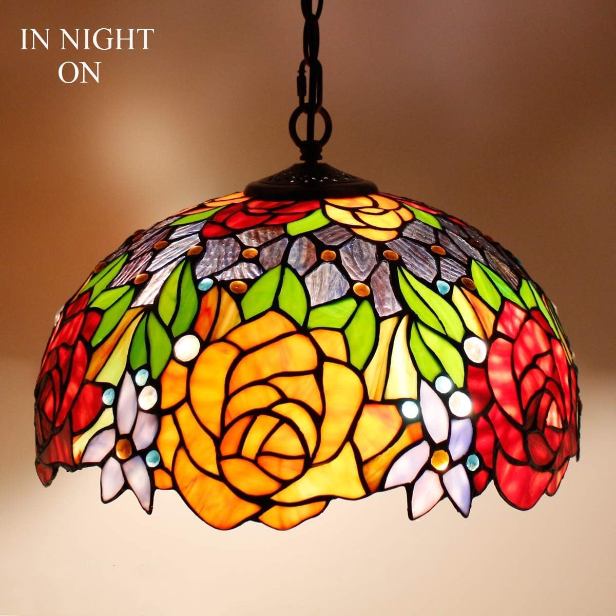 WERFACTORY Tiffany Pendant Light Fixture Red Yellow Rose Stained Glass Hanging Lamp Wide 16 Inch, Height 40 Inch S001 Series
