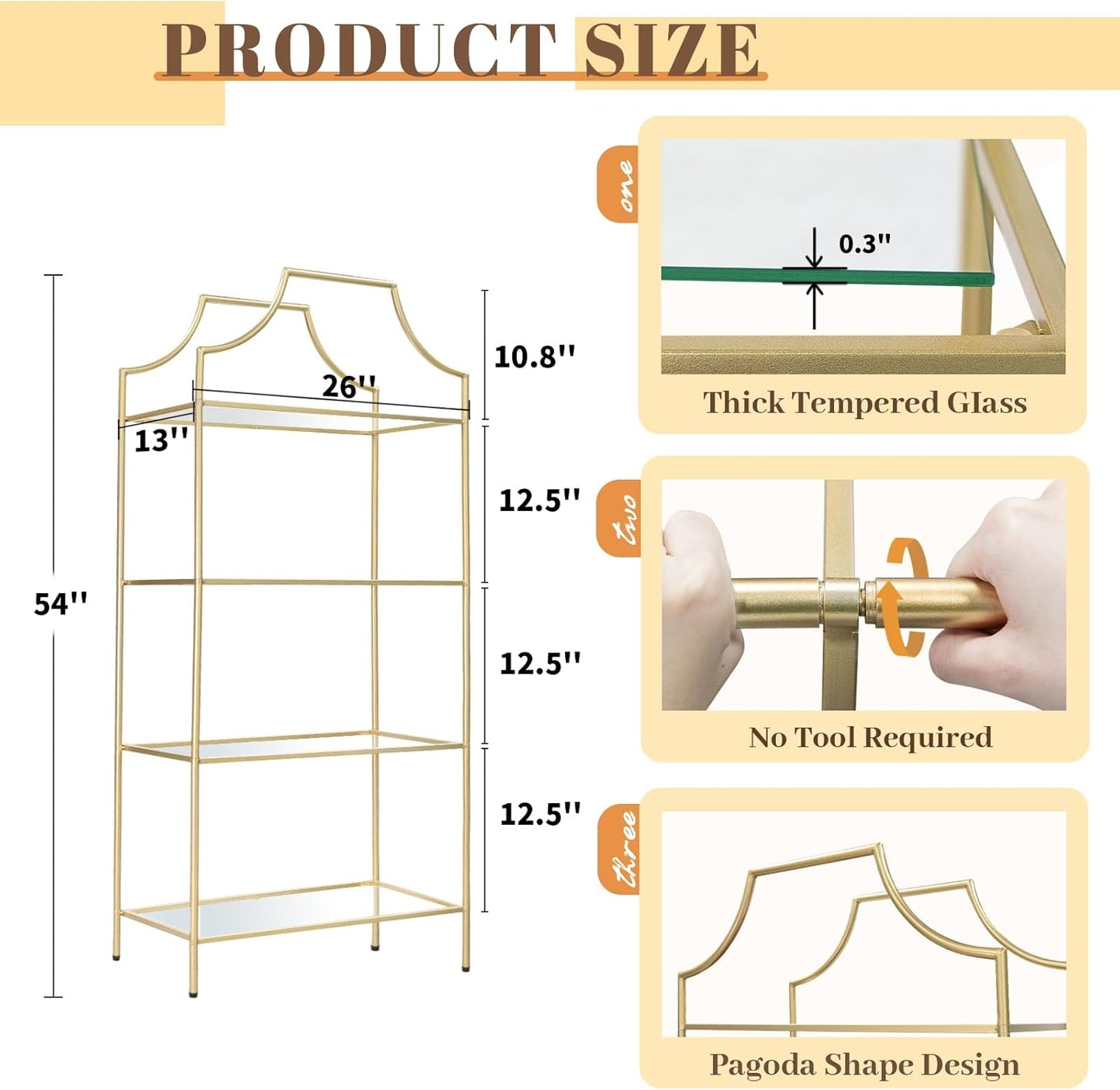 4 Tier Bookshelf, Metal Book Shelf for Storage, Tall Storage Display Bookcase, Modern Open Book Case for Bedroom, Living Room, Glass Office Organization Shelf, 66.3" X 26" X 13"