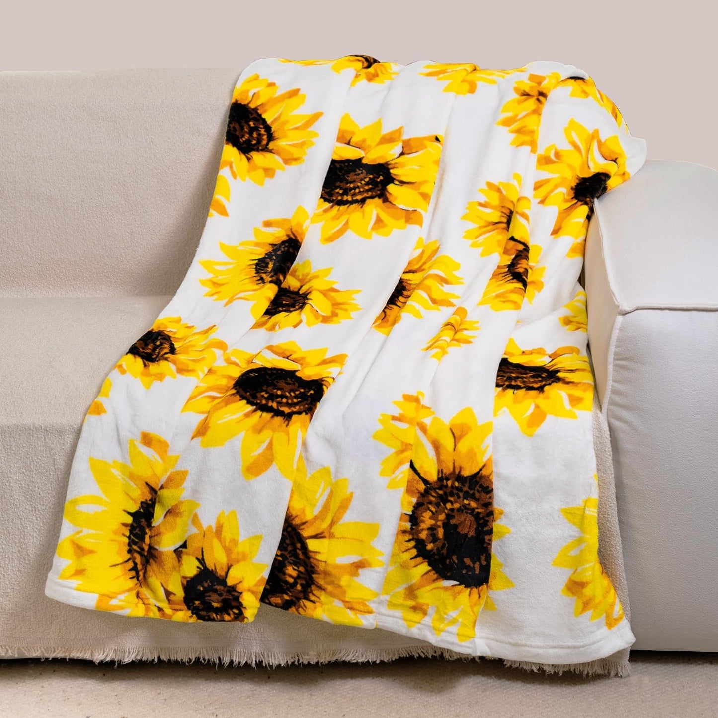 HommomH Sunflower Throw Blanket 50" x 60", Gifts for Sunflower Lovers Women Girls, White