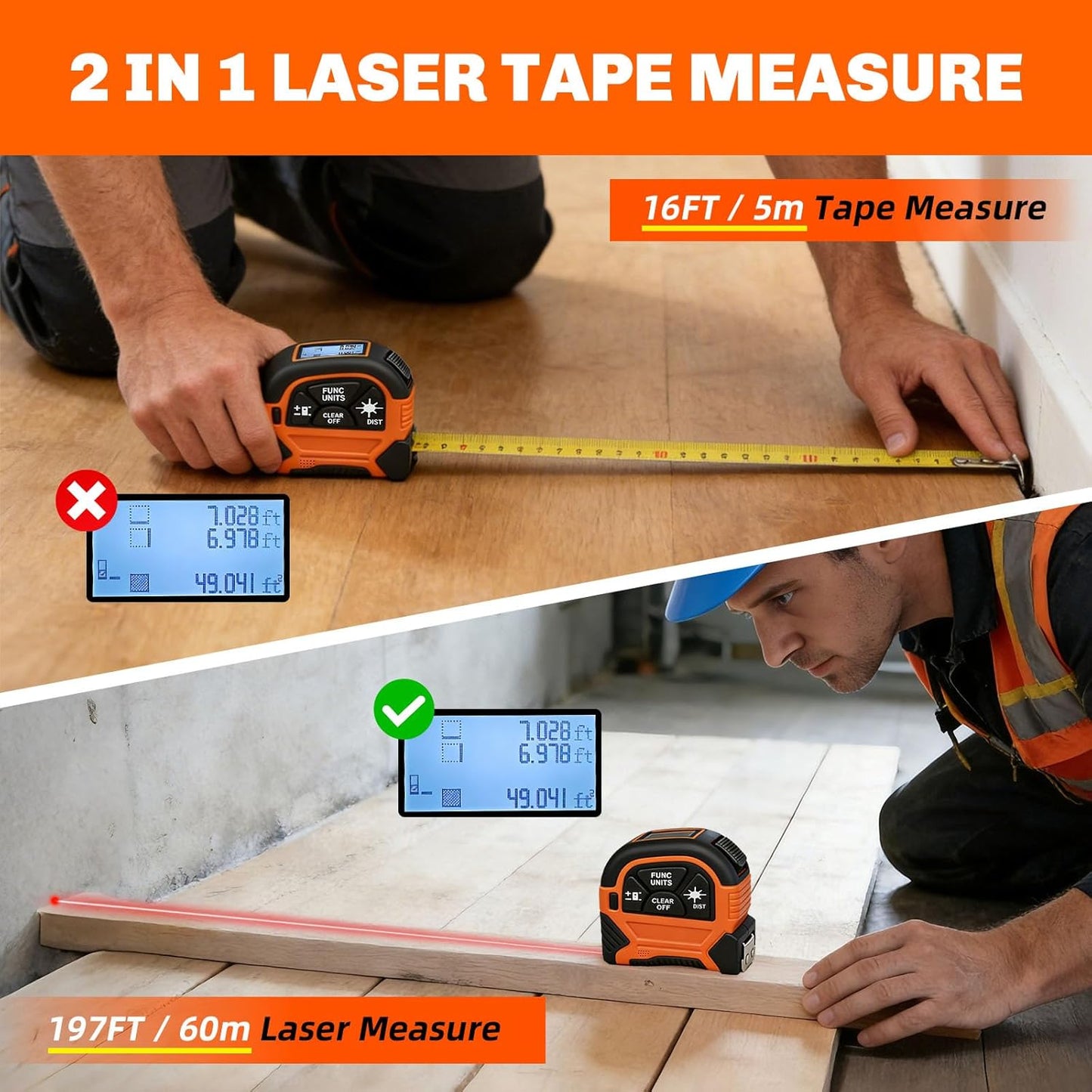2-in-1 Laser Tape Measure, 197Ft Laser Measuring Tool & 16Ft Measuring Tape with M/in/Ft/Ft+in Units, Magnetic Hook - Pythagorean, Area, Volume, Digital Tape Measure for Woodworking and DIY