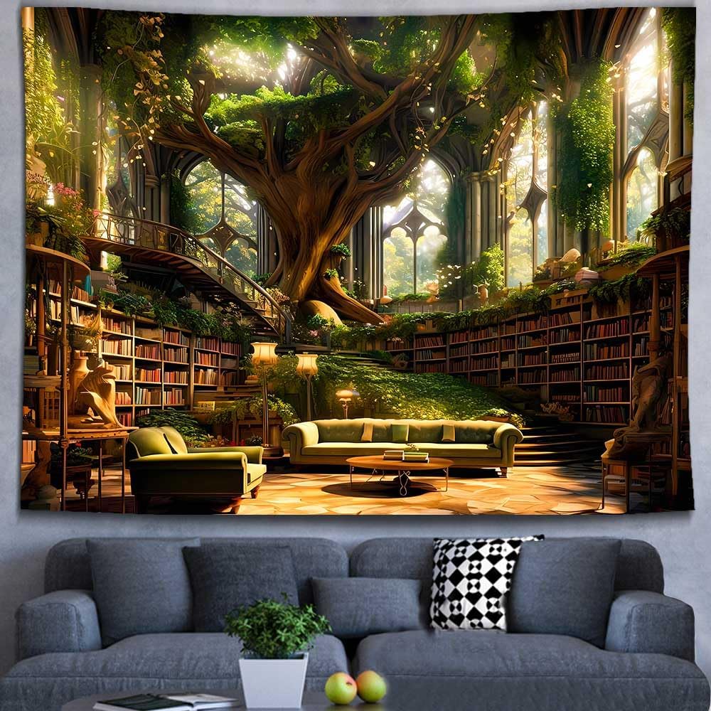 Ine Ive Fantasy Library Tapestry Magic Tree Bookshelf Medieval Palace Tapestries Wall Hanging 80x60inch Fairytale Tree Books Reading Poster Aesthetic for Bedroom Dorm Home Decorations