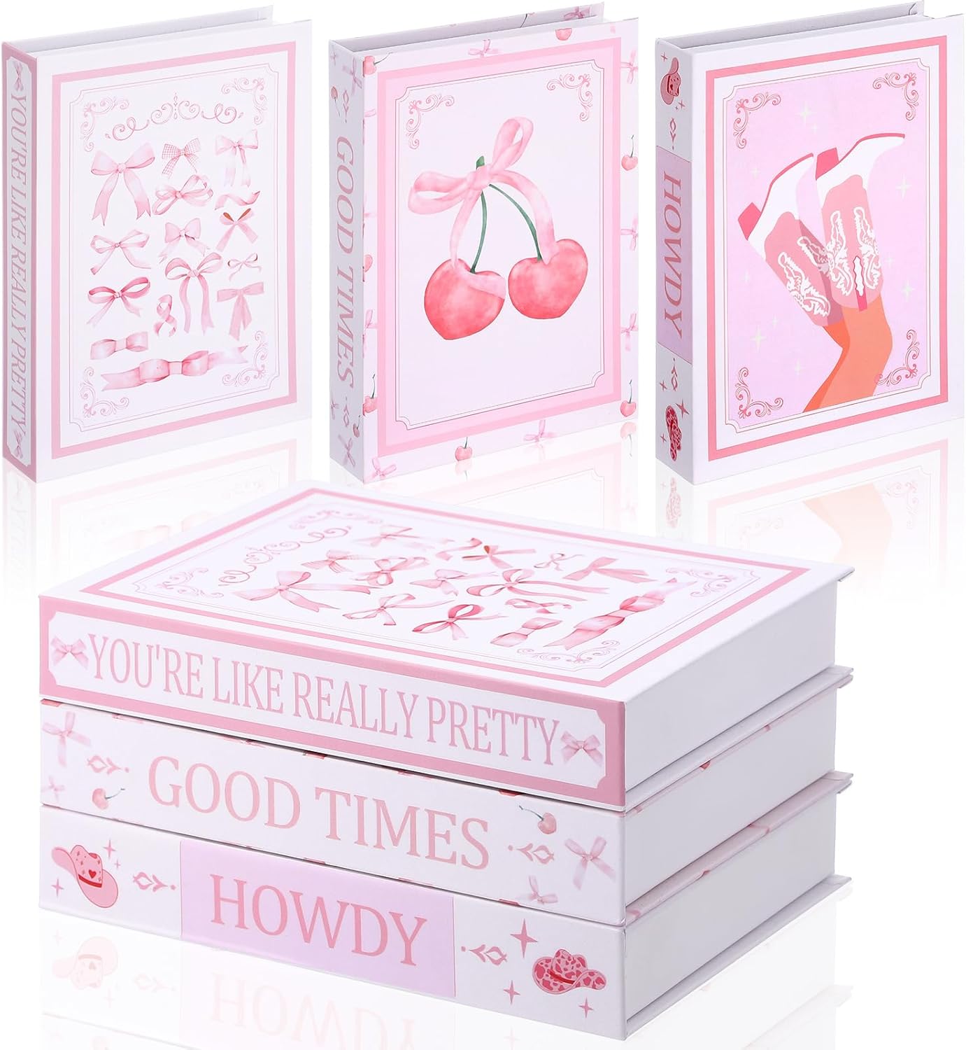 Weysat 3 Pcs Pink Bow Coquette Decorative Fake Books 9.8 Inch Preppy Faux Stacked Books Aesthetic Cute Modern Magnetic Storage Box for Coffee Table Bookshelf Display Bedroom Home Room Decor