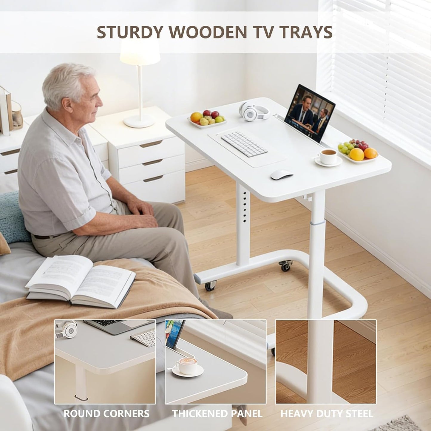 TV Dinner Tray Table,TV Trays for Eating on Couch,Height Adjustable TV Tray Table with Wheels,C Shaped End Table with Slot,Standing Rolling Laptop Desk&Wooden Snack Tray for Bed&Sofa&Recliner