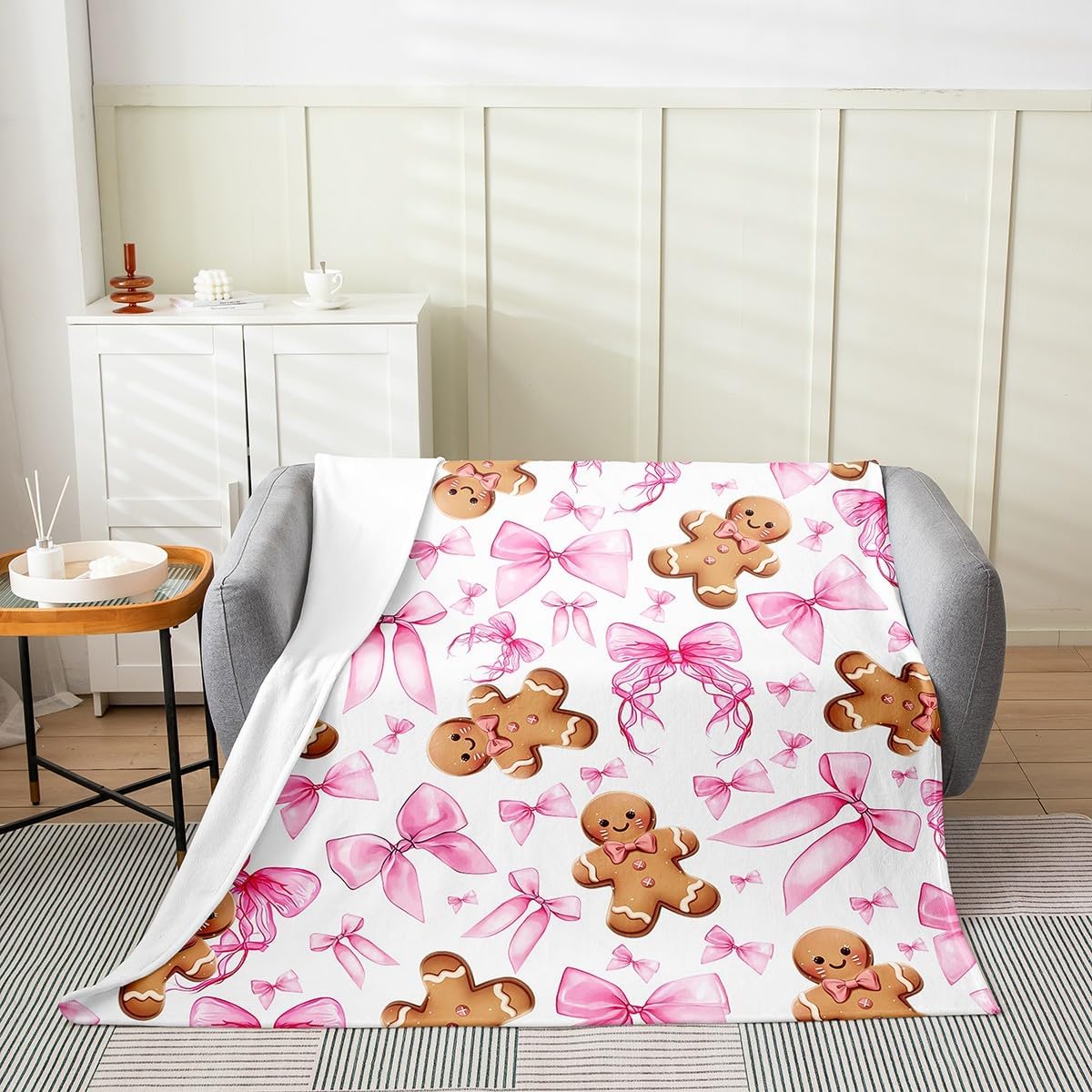 Feelyou Pink Bowknot Flannel Fleece Throw Blanket Gingerbread Man Fuzzy Blanket Twin 60"x80" for Sofa Couch Room Decor Merry Christmas Dreamy Princess All Season Bed Blanket Xmas Theme Plush Blanket