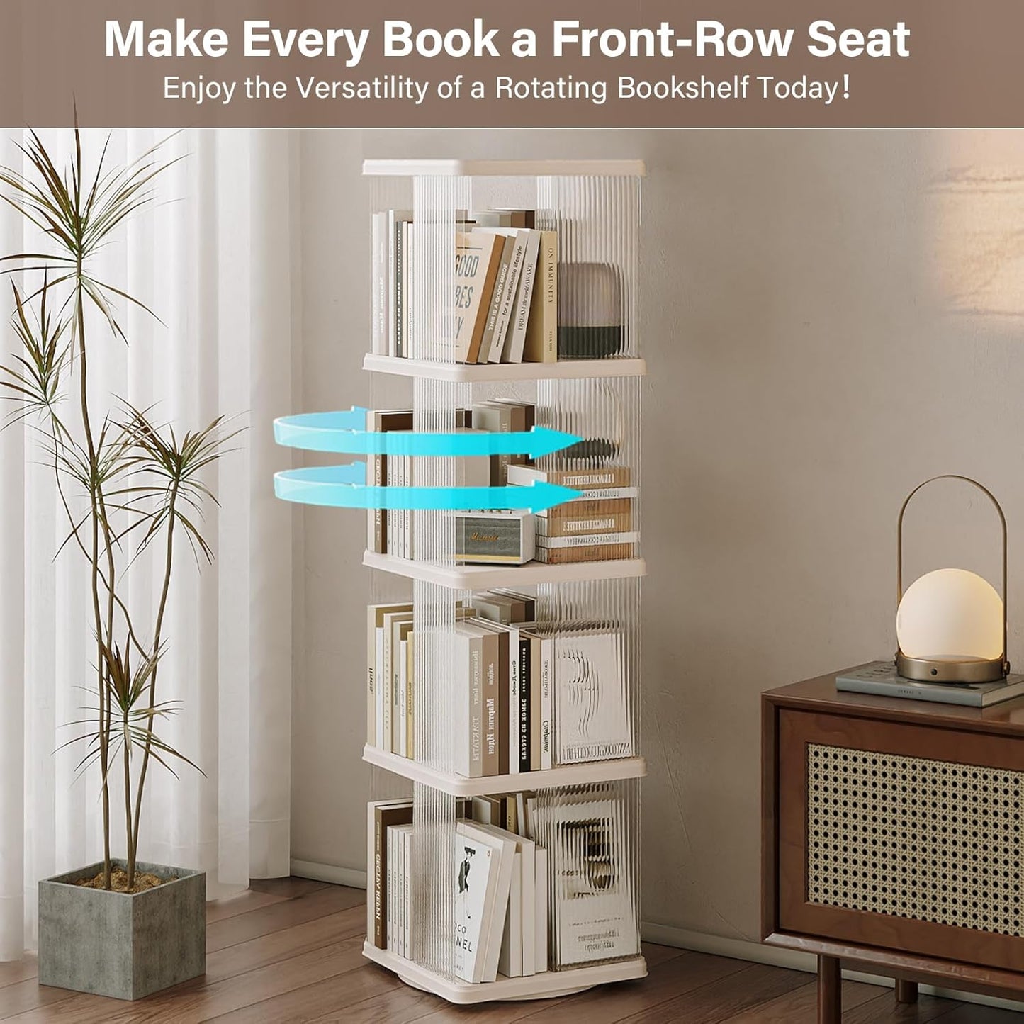 ELPHECO 4 Tier Rotating Bookshelf Rectangular Spinning Bookcase, Revolving Corner Bookshelf on Wheels, 360 Display Floor Standing Storage Rack, Book Shelf Organizer for Study, Living Room, Bedroom