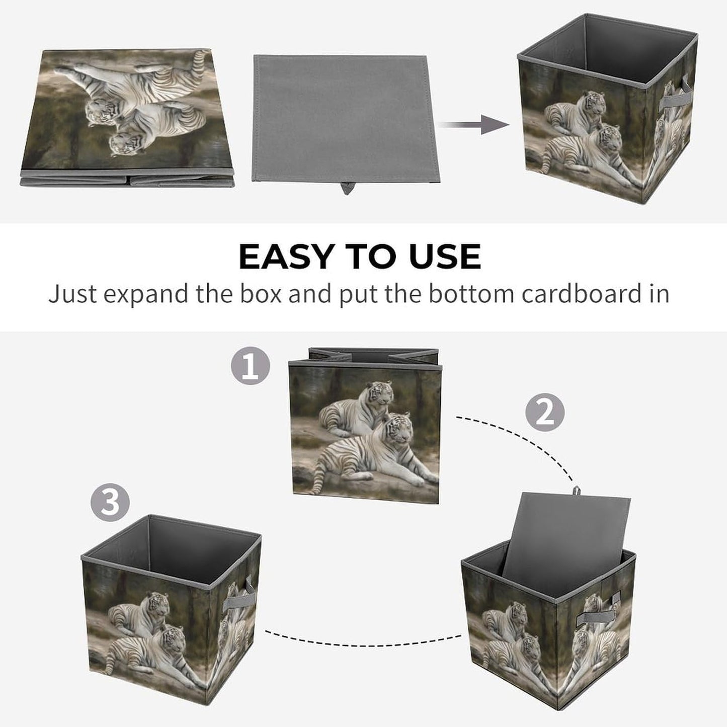 White Tigers Storage Bins with Handles Fashion Large Storage Cubes Sturdy Foldable Storage Boxes Space-Saving Storage Baskets for Home Office Clothes Closet Organizers