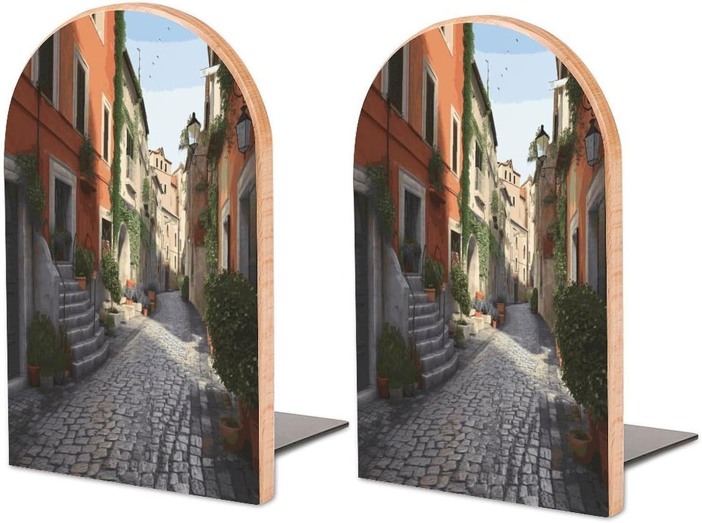 Street of Italy Bookend for Shelves Wooden Book End Large Size Sturdy Book Holders Stoppers with Metal Base for Bookshelves Slick Decorative Bookends Stands