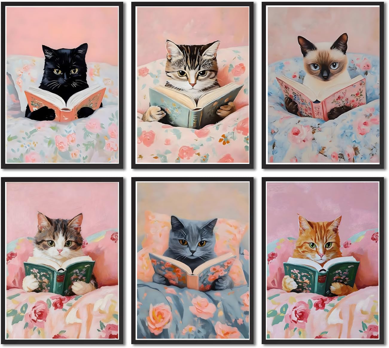 Zhfmoir Cute Cat Reading Posters Wall Art Set of 6, Funny Cats with Books Prints Aesthetic Kitty Wall Decor for Girls Bedroom Kids Room Nursery Classroom Library Decor 8x10 Inch Unframed