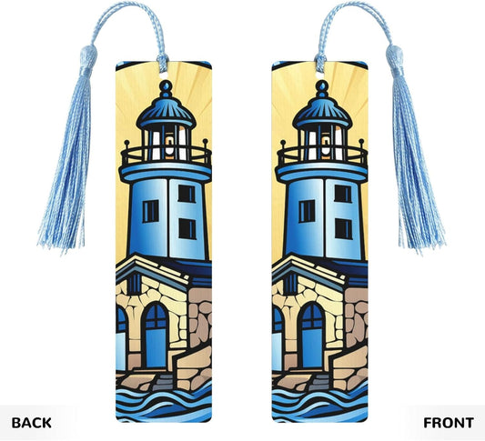 Blue Lighthouse Bookmarks Gifts for Women Men, Wooden Bookmarks for Book Lovers, Vintage Book Marks Ornaments with Tassel, Unique Personalized Reading Page Markers Sky Blue