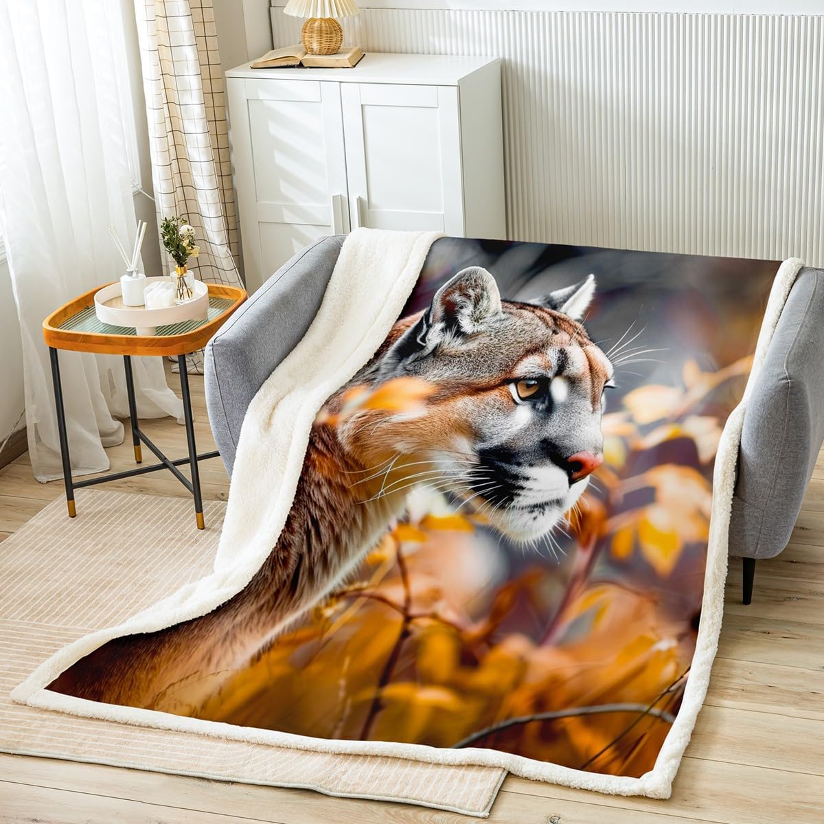 Feelyou Lion Duvet Cover 3D Safari Animal Blanket American Wild Cat Throw Blanket for Boys Girls Children Teens Room Decor Cougar Fleece Blanket Autumn Twin 60"x80" Sherpa Blanket