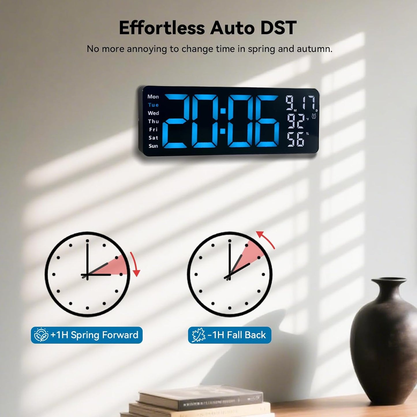 Digital Wall Clock Large Display, 17.3" Digital Clock with RGB Color Remote Control, Auto-Dimming Big Wall Clock with Night Light,Auto DST,Date Week,Temp for Home Decoration, for Elderly (Blue)
