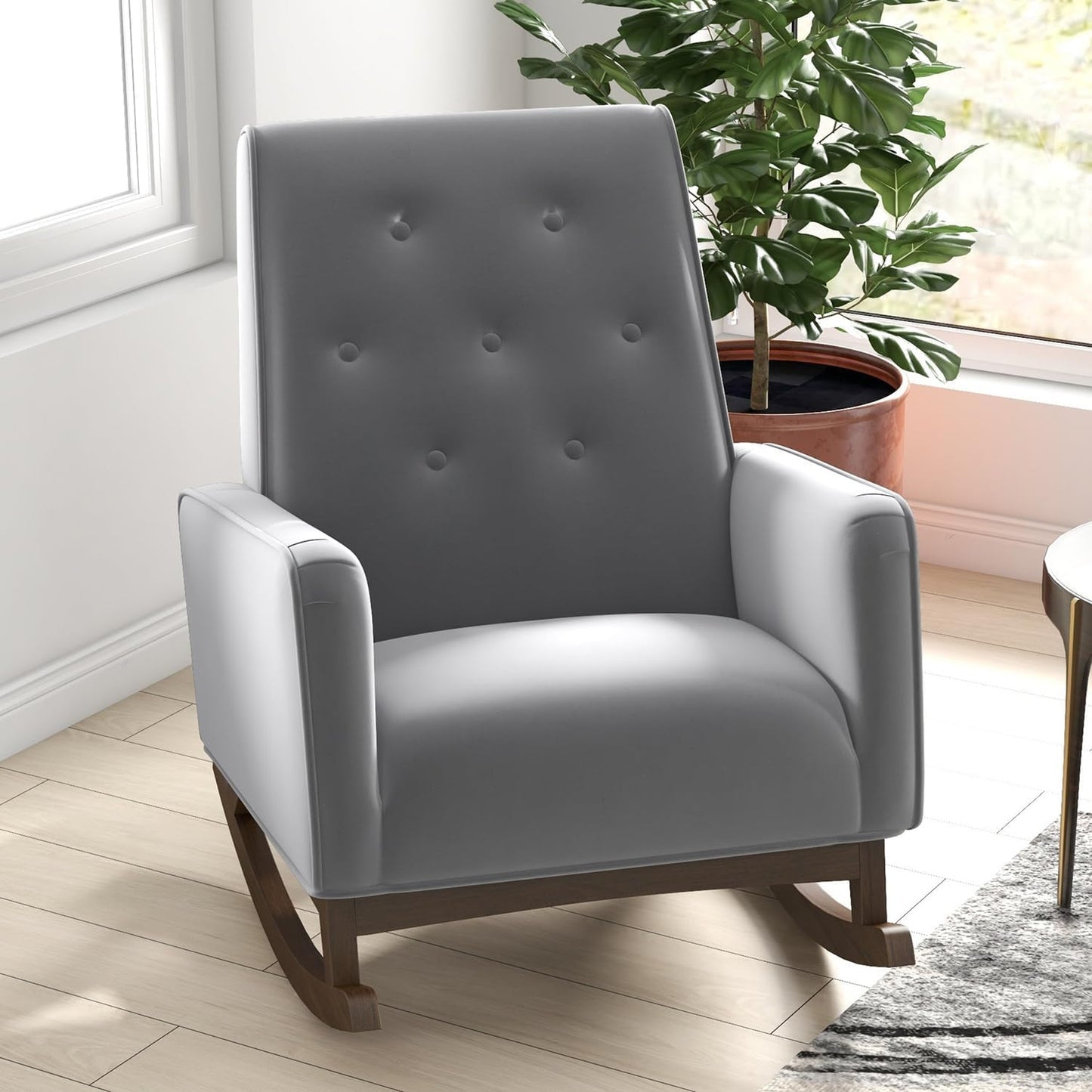 100% New 1pc Light Grey Fabric Solid Wood Rocking Chair for Living Room Bedroom Reading Nursery,36.6" H x 27.5" W x 39" D Accent Chair