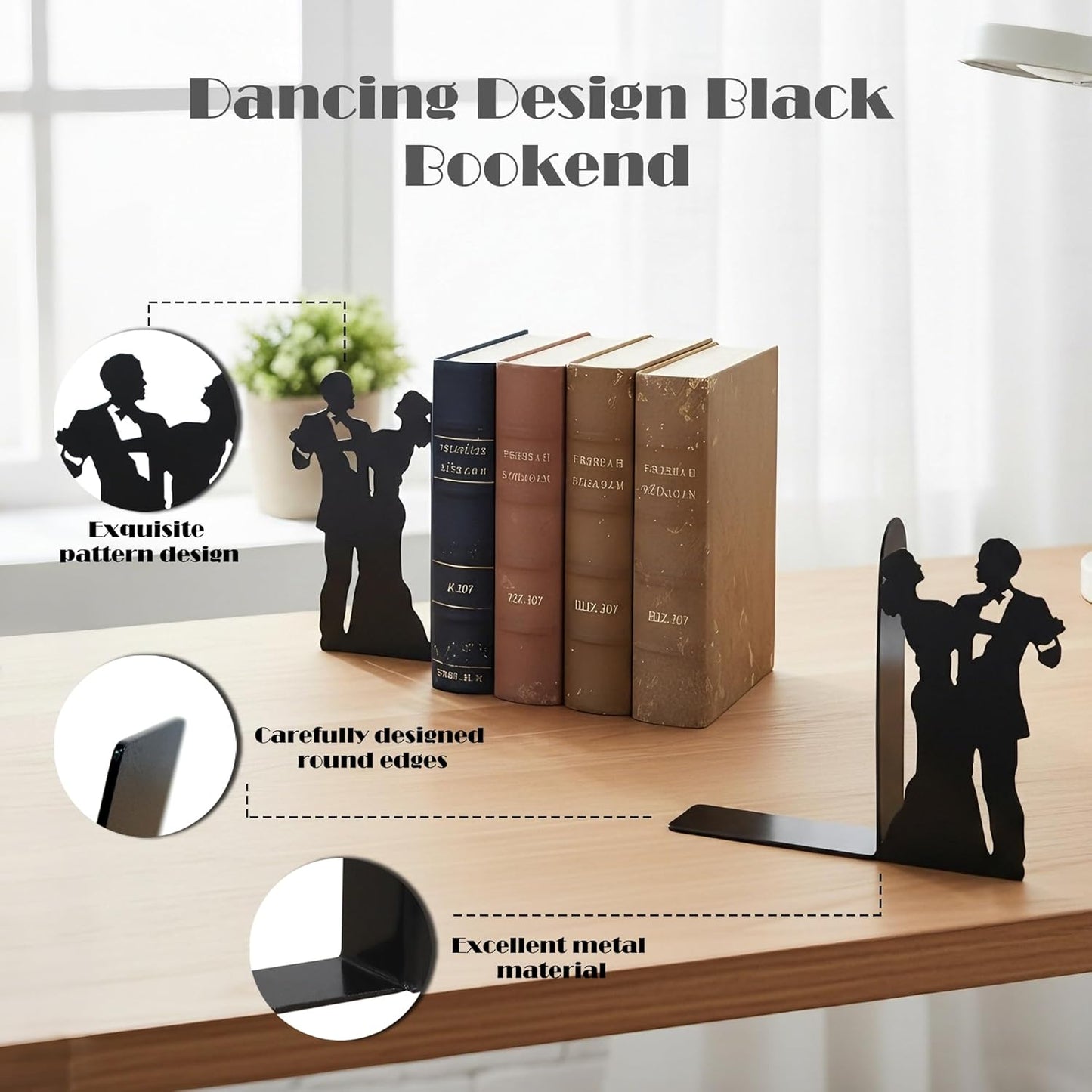 Modern Social Dance Metal Bookends for Shelves Decorative, Black Book Ends Nonskid Reading Stand Holder Home Decor Aesthetic for Office, Set of 2